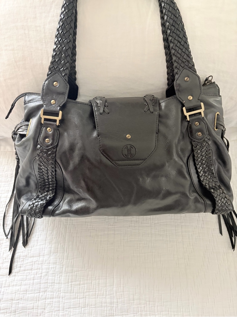Cole Haan Black Braided Leather Tote Handbag “Sierra Spug” - Picture 5 of 11